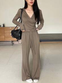 DAZY 2件套女士纯色运动服套装，秋季女装运动套装连帽家居服套装 - 卡其色 - 查看 6