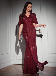 SHEIN Belle Vestido formal de noche con cuello en V y plisados para mujeres, vestido de otoño, vestido de Navidad, vestido de graduación, para invitados de boda, cena