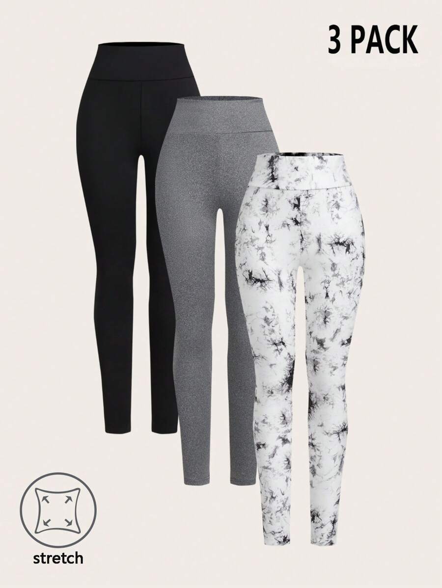 SHEIN Essnce Three Piece Tight Leggings Set Black Gray Tie Dye Women High Waist Seamless Elastic Leggings - Multicolor - View 1