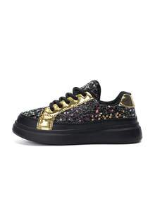 Zapatos deportivos con superficie de lentejuelas para niñas, primavera/otoño, material especial, decoración deslumbrante, moda informal, con cordones, fácil de poner y quitar, para estudiantes, uso escolar - Multicolor - Ver 5