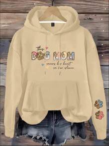 EMERY ROSE Sudadera con capucha con cordón estampado con letras "Esta mamá de perro lleva su corazón en la manga" y estampado de leopardo y huella de perro, para mujer talla grande