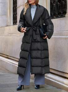EURMUSE Fashionable Solid Long Belted Padded Coat