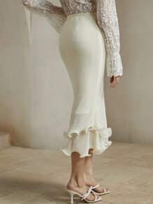 Anewsta Falda ajustada con textura y volantes elegantes en el bajo - Champán - Ver 2