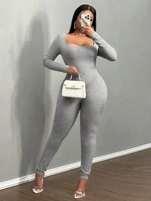 Slaydiva Women's Casual Crew Neck Jumpsuit, Spring/Autumn - Grey - View 5