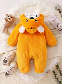 SHEIN 男宝宝可爱老虎刺绣长袖连帽连体衣 秋冬季 - 黃色 - 查看 2