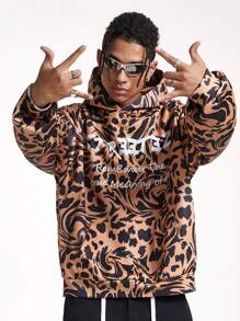 Manfinity VCAY Men's Digital Print Loose Fit Hooded Sweatshirt, For Fall Winter - Khaki - View 2