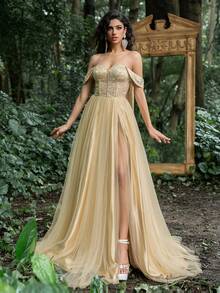 Faeriesty Off-Shoulder Abendkleid mit Rückenteil-Schnürung, elegantes Abendkleid für Hochzeitsgäste, für Graduierung, Dinner