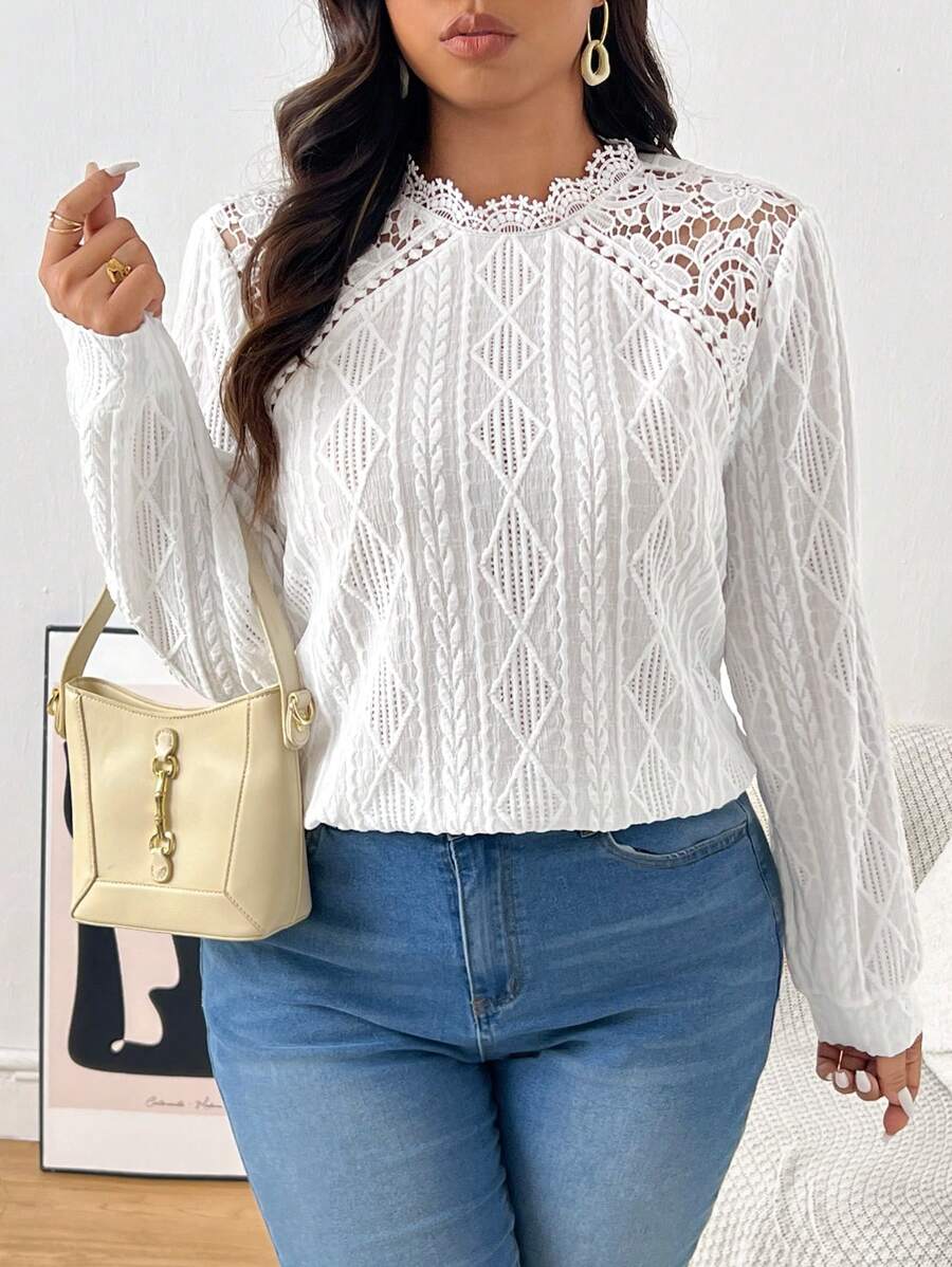 SHEIN Frenchy Áo thun ren dài tay thanh lịch màu trơn cỡ lớn cho nữ, mùa xuân/thu - trắng - Xem 1