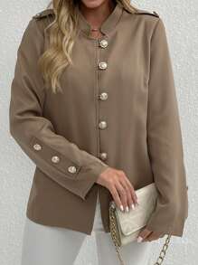 SHEIN Clasi Jaket Pendek Kasual Wanita dengan Hiasan Kancing - Khaki - View 3