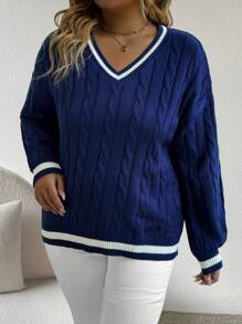 SHEIN 大码撞色拼接V领长袖简约休闲套头毛衣，适合冬季秋季穿着 - 藏蓝色 - 查看 5