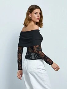 Maija Women's Elegant Black Off-Shoulder Contrast Lace Sheer T-Shirt, Autumn Valentine's Day Valentine Day Clothes