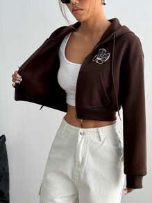 SHEIN Unity 秋季休闲印花连帽短款拉链卫衣 - 棕色 - 查看 6