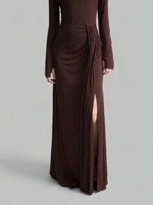 Ontre Damen Langarmkleid, braun, Rundhalsausschnitt, hoher Schlitzausschnitt am Saum, elegantes, hochwertiges, dehnbares Strickkleid