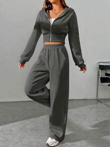 SHEIN EZwear Wiosenna modna bluza z kapturem i spodniami z zamkiem błyskawicznym z przodu, dwuczęściowy zestaw dla kobiet