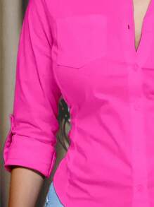 Chiquease 女士纯色衬衫领长袖纽扣前口袋简约休闲上衣