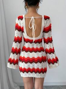 Chiquease Women's Wavy Stripe Backless Tie-Up Long Sleeve Crop Knitted Sweater Dress, Fall/Winter