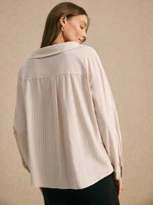 SHEIN Frenchy Blue And White Stripe Women Blouses Cotton Asymmetric Dropped Shoulder Khaki Lapel Shirt Fall Clothes Vintage Off Shoulder Top Casual Brunch Autumn - Apricot - View 4