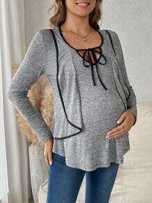 SHEIN Maternity Front Tie Long Sleeve Ruffle Splice Casual T-Shirt, Spring/Summer - Grey - View 4