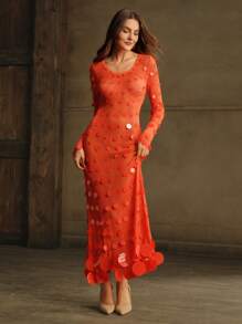 Anewsta Vestido de manga larga con crochet y lentejuelas rojas para mujer