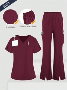 TaskEZ Set de uniforme de bata: Uniforme de salud para mujeres - Top con escote en V liso y pantalones casuales con abertura, uniforme casual simple para limpieza