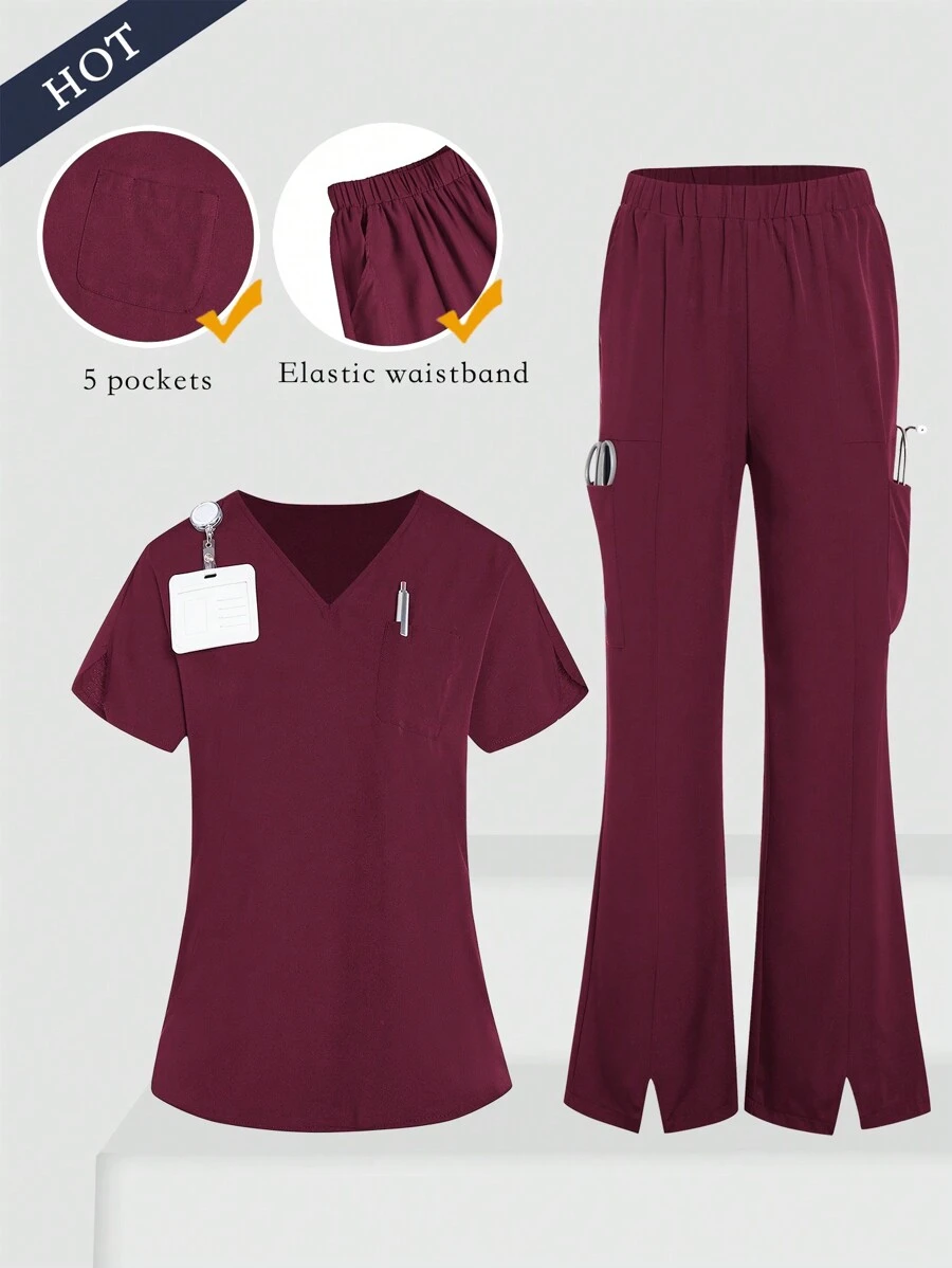 TaskEZ Uniform Scrub Set: Women's Healthcare Uniform - Solid V-Neck Top And Slit Casual Fashion Pants, Simple Casual Cleaner Uniform - Red Violet - View 1