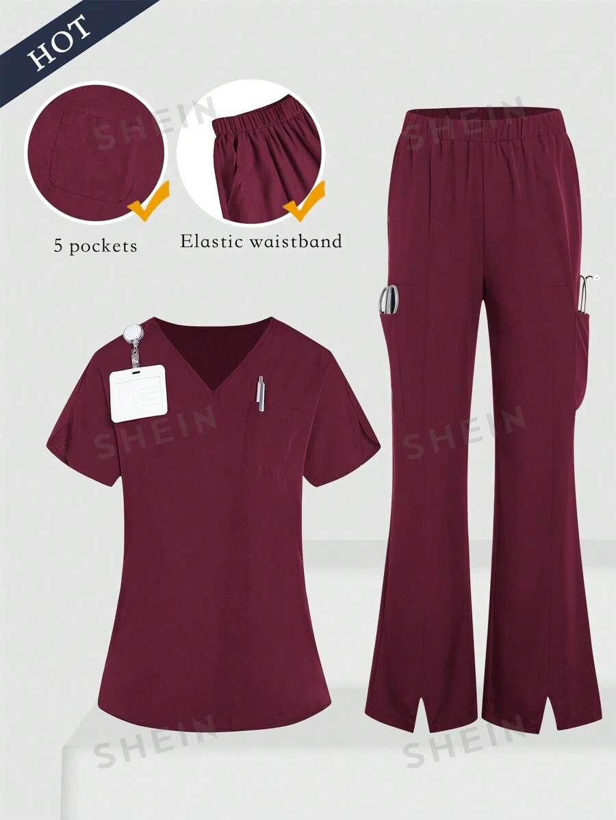 TaskEZ Set de uniforme de bata: Uniforme de salud para mujeres - Top con escote en V liso y pantalones casuales con abertura, uniforme casual simple para limpieza