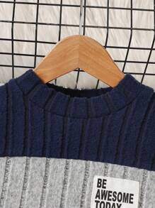 男婴 2 件套休闲基本款字母贴花拼色羊毛圆领运动衫和运动裤套装，适合秋冬季、户外、多用途、舒适保暖 - 彩色 - 查看 3