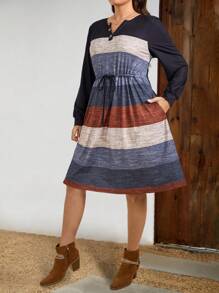 EMERY ROSE Plus Size Front Button Long Sleeve Tie-Front Solid Color Patchwork Casual Dress - Multicolor - View 2