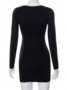 INAWLY Solva 女式纯色深 V 领镂空长袖开衩下摆性感紧身连衣裙，春夏 - 黑色 - 查看 4