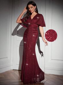SHEIN Belle Vestido formal de noche con cuello en V y plisados para mujeres, vestido de otoño, vestido de Navidad, vestido de graduación, para invitados de boda, cena