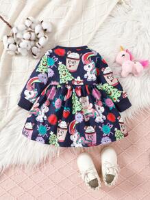 Baby Girl Autumn Winter Cute All-Over Unicorn & Coffee Cup Print Long Sleeve Sweatshirt Dress, Fashionable Versatile Indoor Outdoor Outfit - Multicolor - View 2