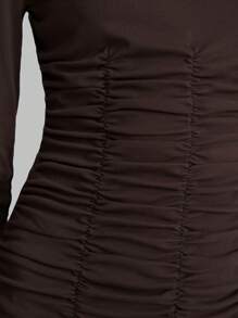 Ontre Brown Turtleneck Pleated Elegant Fitted Minimalist Stretchy Long Sleeve Cotton Dress