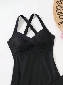 Swim Lushoire 2pcs/Set Women Solid Color Camisole & Tankini Swimming Suit Summer - Black - View 5