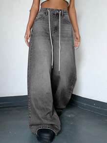 Dazy Star Quần Jeans Denim Ống Rộng Thiết Kế Túi Cho Nữ - Xám - Xem 1