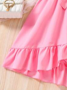 Tween Girl  Solid Color Ruffle Trim Wrap Dress, Vacation Casual - Pink - View 9