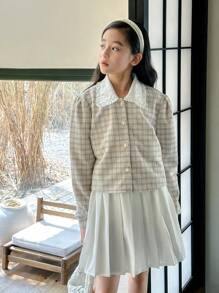 SHEIN 女孩的彼得潘领优雅甜美格子泡泡袖衬衫 - 杏色 - 查看 5