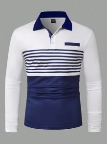 Manfinity Homme Men's Plus Size Colorblock Striped Print Long Sleeve Polo Shirt - Multicolor - View 3