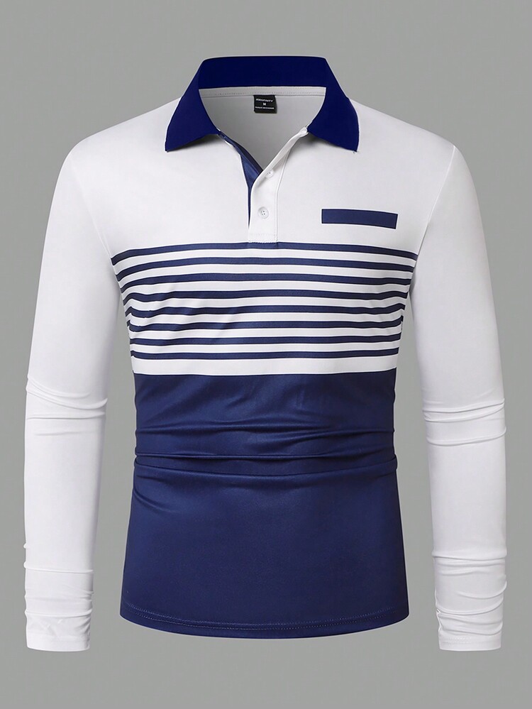 Manfinity Homme 男式大码拼色条纹印花长袖 Polo 衫 - 彩色 - 查看 3