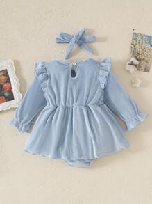 Infant Girls' Blue Floral Pattern Knitted Bodysuit, Autumn/Winter - Blue - View 2