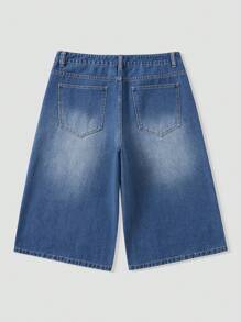 ROMWE MEN Street Life Quần short denim dài đến đầu gối in chữ và hình in giản dị cho nam - Màu xanh lam - Xem 2