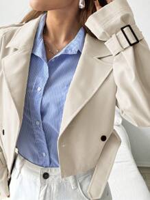 SHEIN EZwear Khaki Color Woven Cropped Women's Lapel Neck Long Sleeve Casual Trench Coat