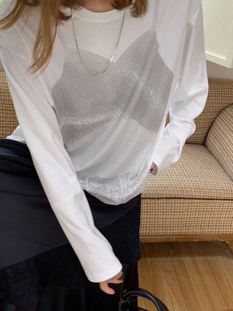 Loose Fit Printed Long Sleeve Round Neck Women T-Shirt Sheer,Fall Clothes