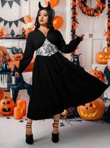 Flirla Plus Size V-Neck Long Sleeve Colorblock Design Elegant Casual Dress, Black Halloween Dress Fall Cloth For Women - Multicolor - View 3