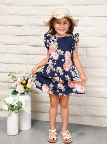 SHEIN Leap Crew 女童花卉印花蝴蝶袖連衣裙