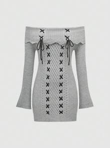 SHEIN Unity Women's Tie-Up Off-Shoulder Flare Sleeve Knitted Sweater Dress, Autumn & Winter  Fall Outfit - Grey - View 1
