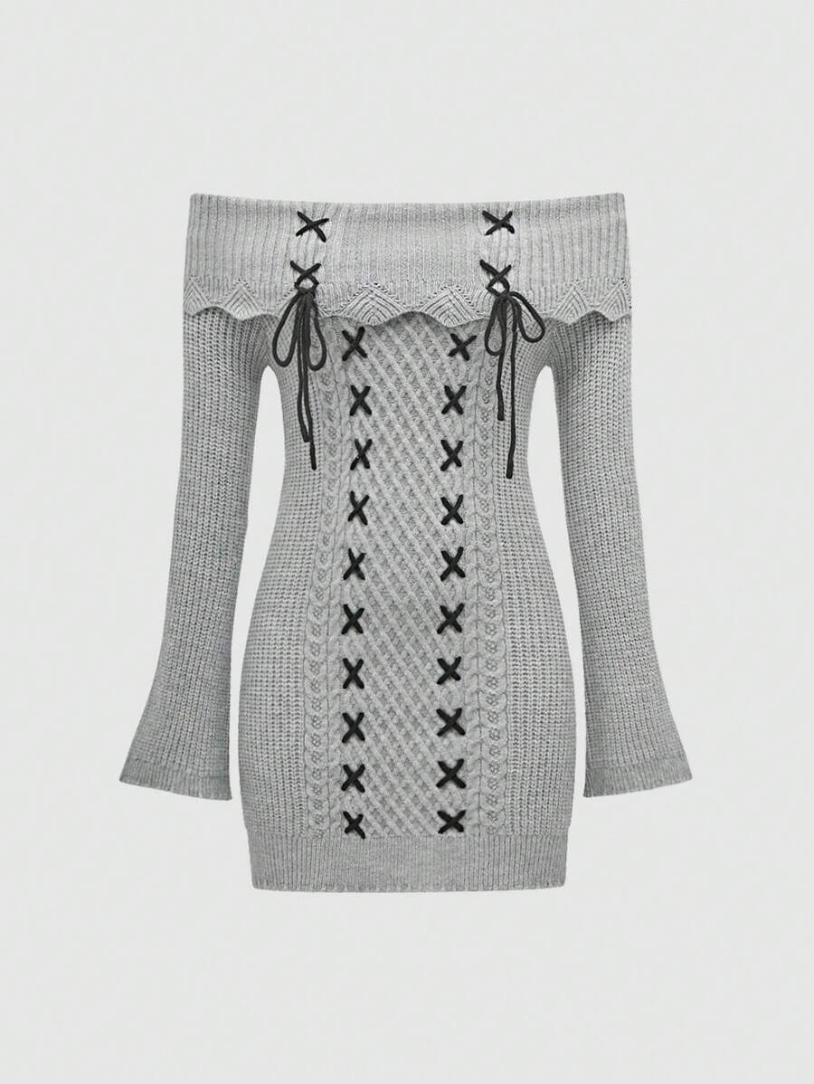SHEIN Unity Women's Tie-Up Off-Shoulder Flare Sleeve Knitted Sweater Dress, Autumn & Winter Fall Outfit - Grey - View 1