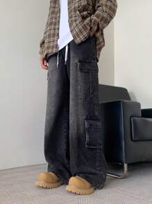 Claim Dot 男士宽松多口袋休闲工装裤，纯色长款宽松深灰色水洗牛仔裤，适合送给丈夫、男朋友的礼物，emo 风格