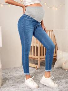 孕妇撞色高腰紧身休闲百搭牛仔裤 - 中等水洗藍 - 查看 4