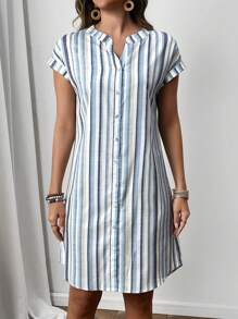 EMERY ROSE Women Casual Summer Colorful Striped V-Neck Loose Straight Dress - Multicolor - View 3