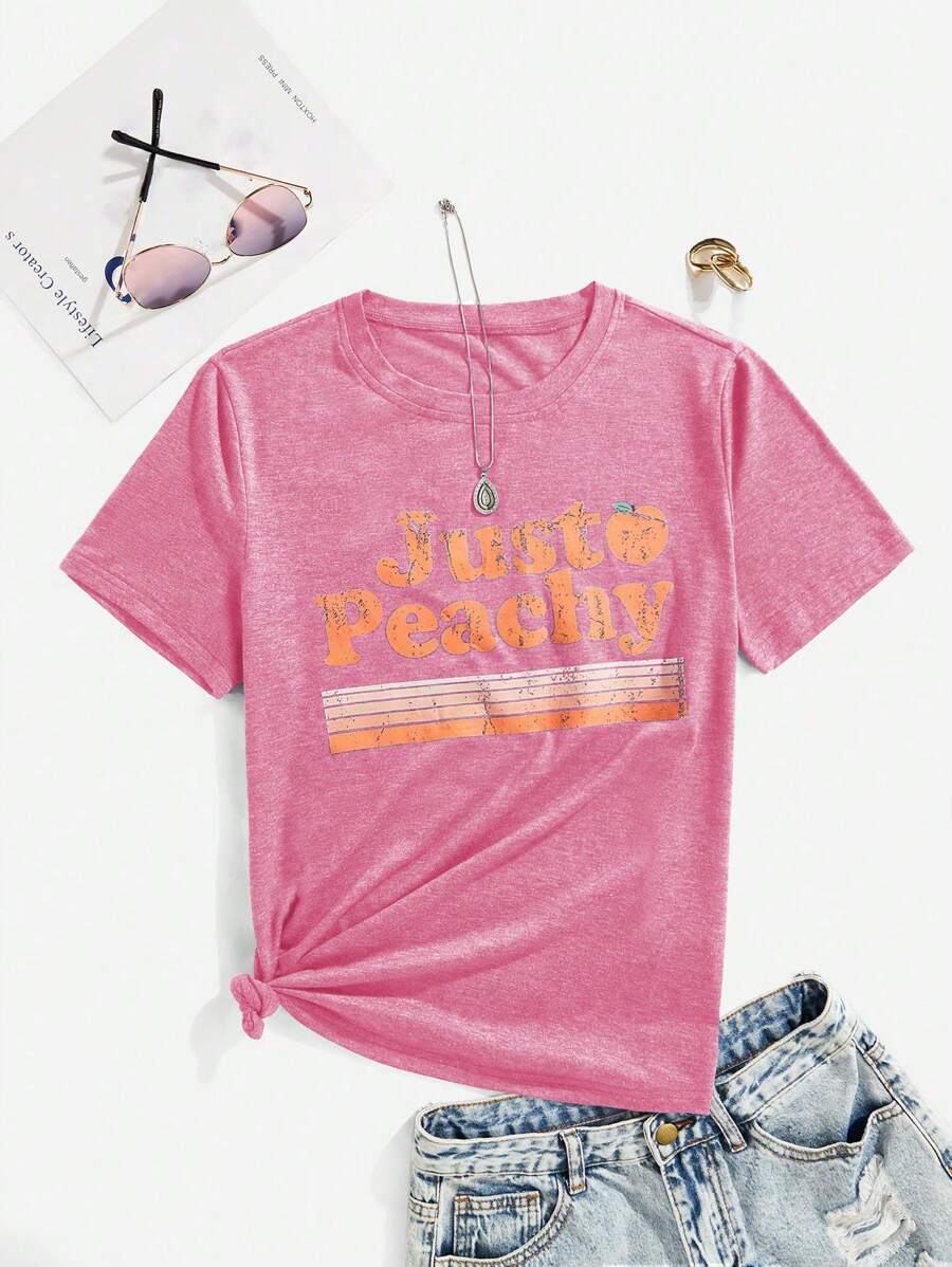 Chiquease Women's Summer Casual Round Neck Letter Print Short Sleeve T-Shirt - Pink - View 1